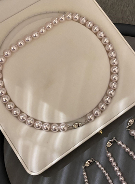 10-11mm曼塔玫瑰色珍珠元宝扣项链赠手链耳钉TZB604