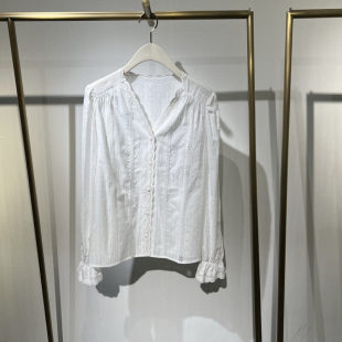 商场同款2026年春季新款女士法式蕾丝V领褶边白色衬衫女