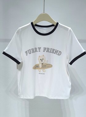 柜子同款2026春夏款趣味印花好运小狗撞色内搭短袖T恤女7H3100221