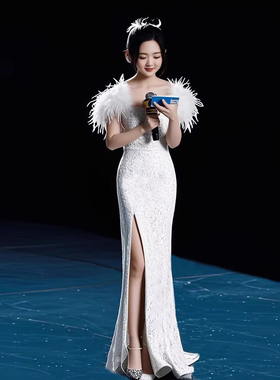 女童礼服高端白色高开叉包臀裙小主持人模特走秀钢琴演奏公主裙