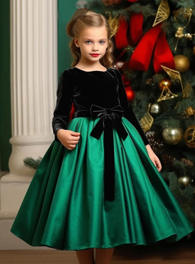 高级感黑色丝绒儿童礼服圆领长袖绿色蝴蝶结大裙摆礼服裙生日宴会