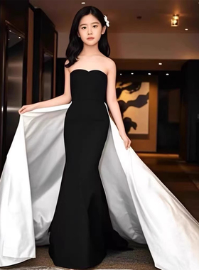 儿童礼服典雅端庄白色大拖尾黑色抹胸包臀鱼尾裙小提琴演奏表演服