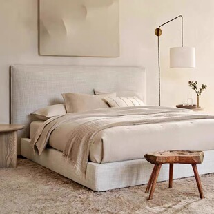 极简布艺床棉麻布艺轻奢双人床奶油风齐边箱体储物床 意式