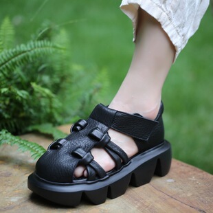 555 广州头层牛皮厚底松糕罗马凉鞋 女复古包头凉靴偏大一码