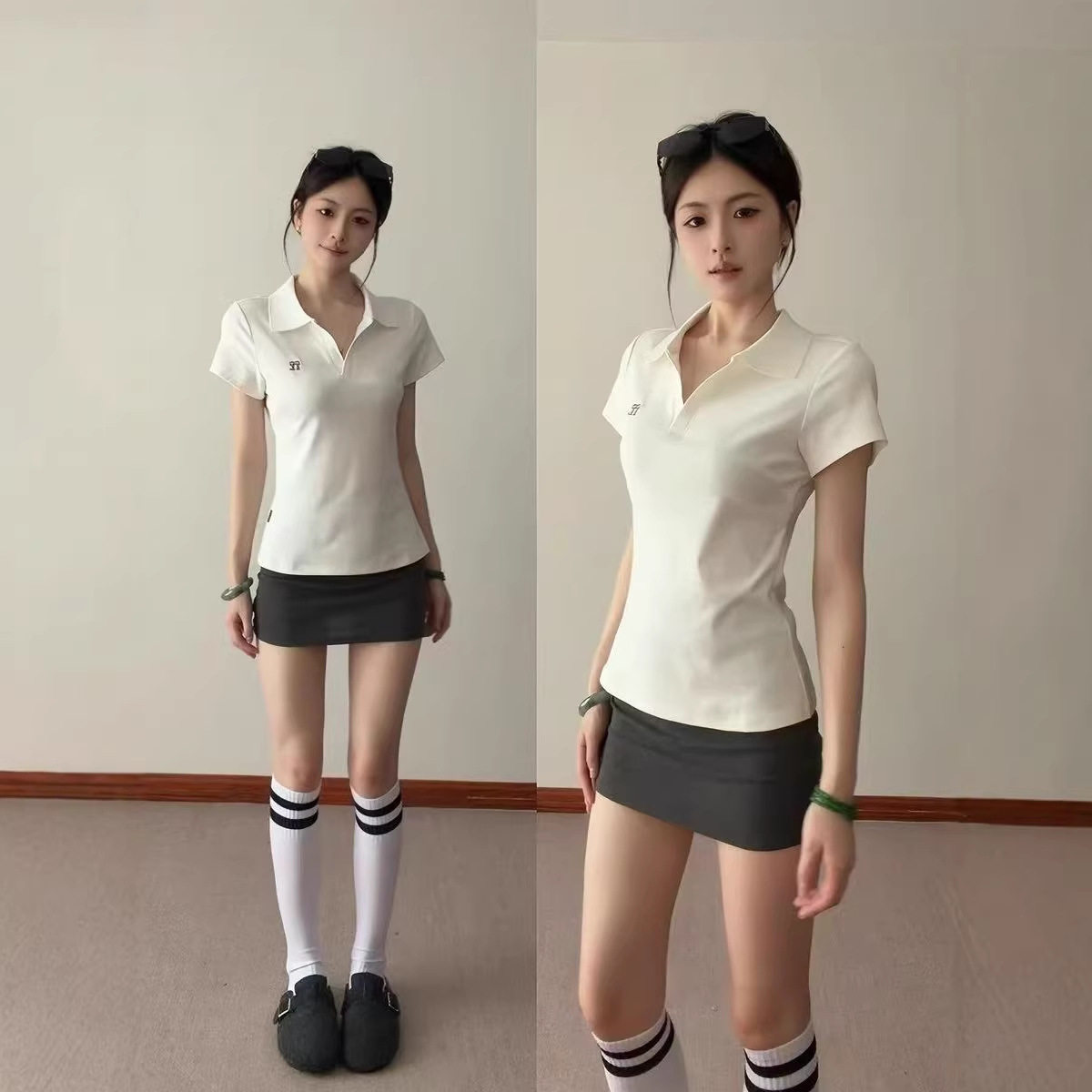 韩系气质V领正肩POLO衫t恤女夏季修身收腰翻领运动网球服短袖上衣