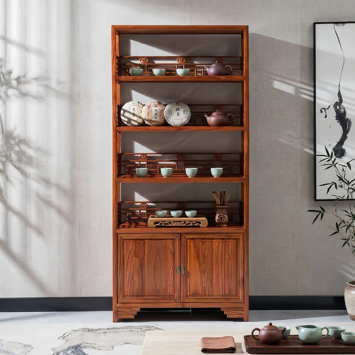 明式书架货架架子博古架实木中式茶叶架茶壶置物架茶叶店展示架柜