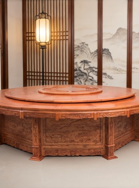 老榆木全实木仿古圆形餐桌酒店家用高档雕花电动大圆桌带转盘玻璃
