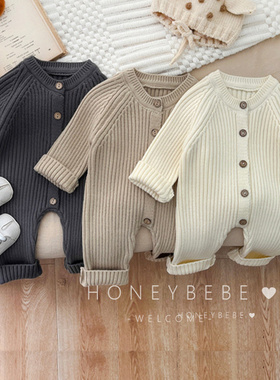 韩国ins婴儿爬服男女宝宝新生儿衣服春秋针织洋气哈衣外出连体衣