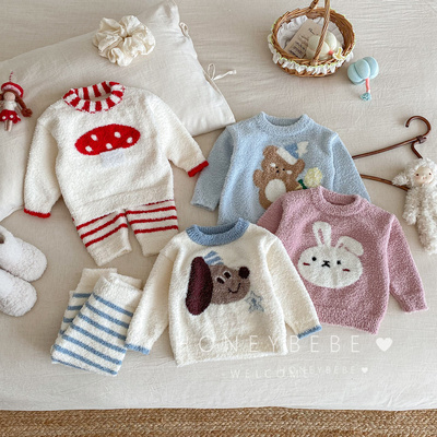 韩国ins2025秋冬婴幼儿半边绒卡通家居服套装女宝上衣裤子两件套