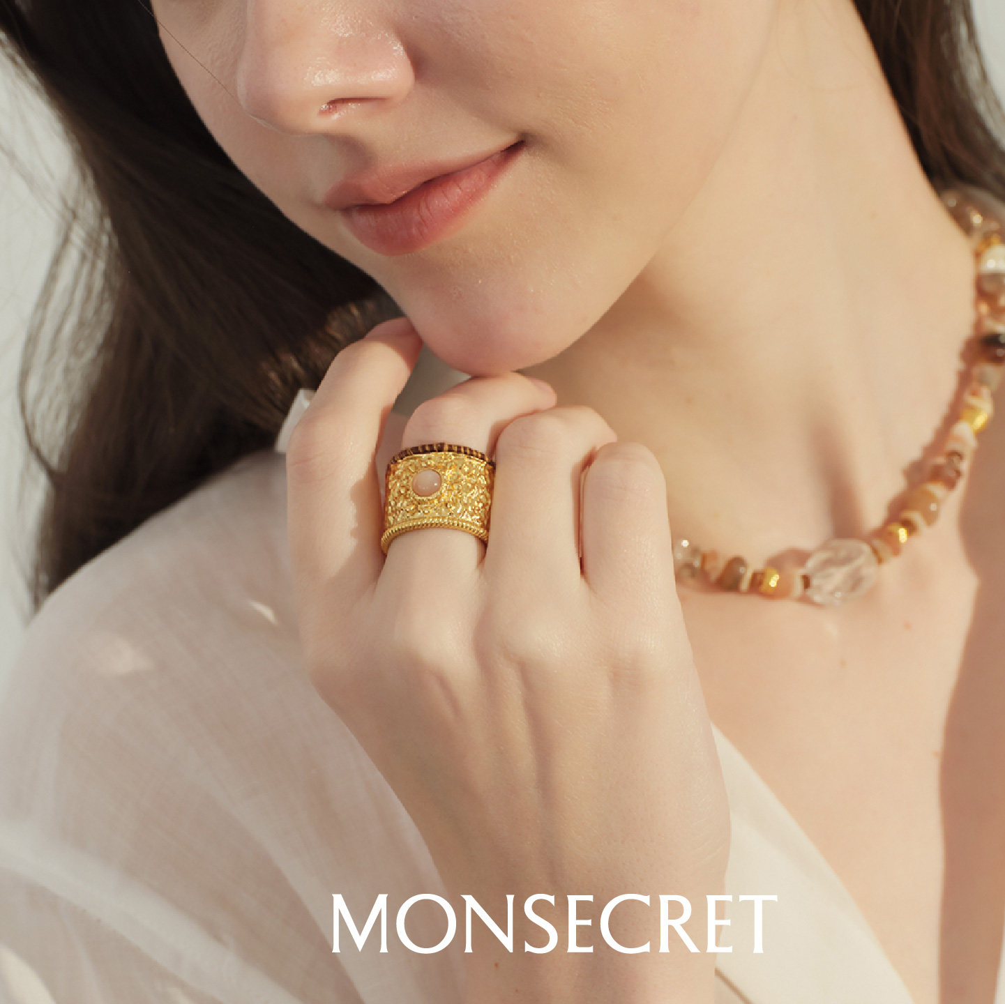 MONSECRET太阳绑绳镶嵌宽戒指原创小众设计感夸张个性宽指环女生