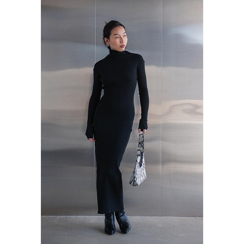 黑色高领显瘦修身长裙针织连衣裙