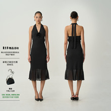 OTHERSTORE 波点玫瑰 法式黑色波点连衣裙女收腰显瘦鱼尾挂脖裙子