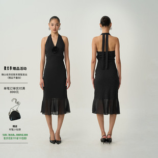 黑色波点连衣裙女收腰显瘦鱼尾挂脖裙子 法式 OTHERSTORE 波点玫瑰