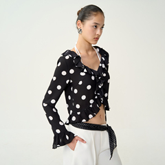 OTHERSTORE 波点迷情 黑色荷叶边V领波点衬衫女设计显瘦短款上衣