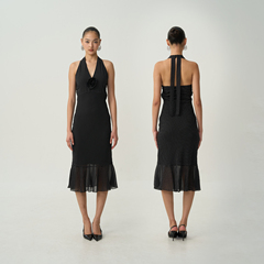 OTHERSTORE 波点玫瑰 法式黑色波点连衣裙女收腰显瘦鱼尾挂脖裙子