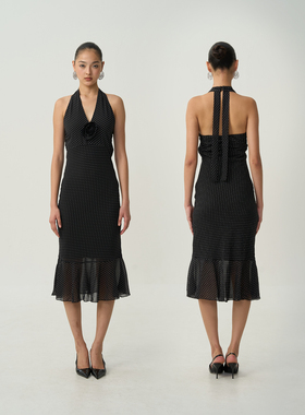 OTHERSTORE 波点玫瑰 法式黑色波点连衣裙女收腰显瘦鱼尾挂脖裙子