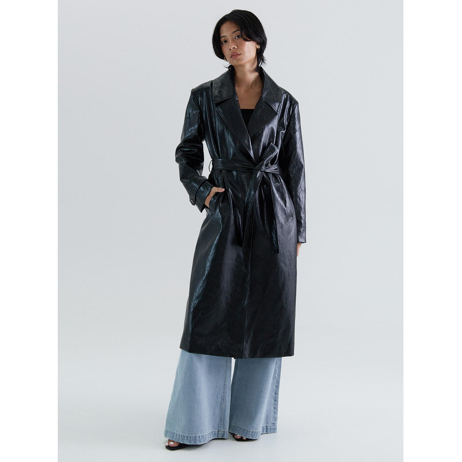 黑色长款西装皮风衣外套系带上衣