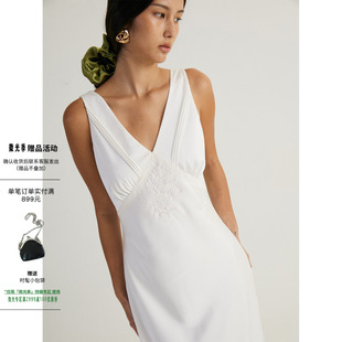 刺绣V领白色连衣裙女高级感醋酸缎面裙子 法式 OTHERSTORE 天鹅湖