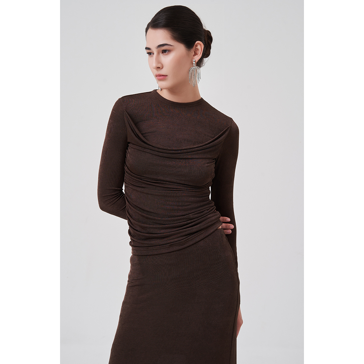 假两件荡领针织T恤减龄修身上衣