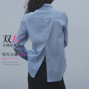 OTHERSTORE 蓝白条纹翻领直筒衬衫女秋冬新款后排扣别致白色上衣