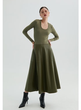 OTHERSTORE 实用主义 高腰A字绿色皮裙伞裙女显瘦百搭中长半身裙