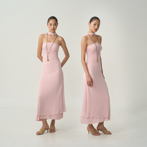 挂脖双层针织连衣裙粉色抹胸裙子