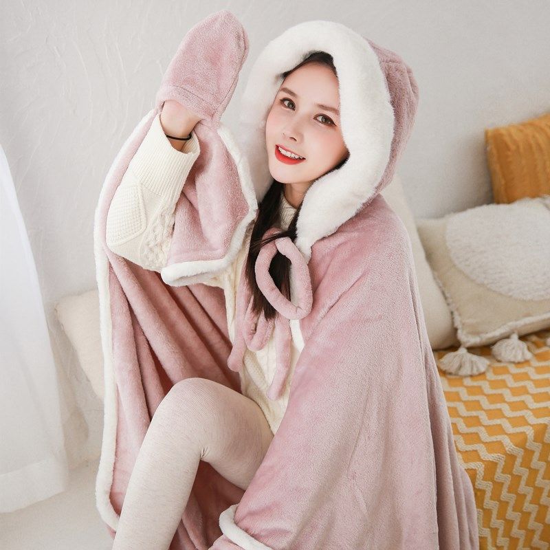 加厚冬保暖可爱毛绒披肩女连帽斗篷法拉绒大毛领披风懒人毯子睡袍