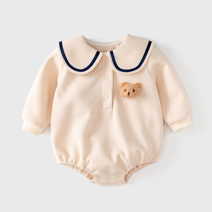 ins婴儿连体衣春新款0-2岁韩版小熊女衣服长袖海军领包屁衣