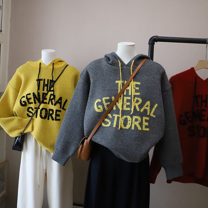 [比正]2025秋冬新款韩版字母提花宽松休闲百搭套头连帽毛衣女5667