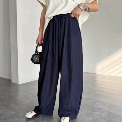 2026春夏新款松紧腰抽绳休闲裤女 宽松显瘦纯色牛仔色百搭长裤