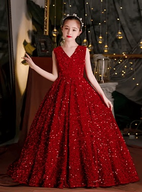 女童礼服公主裙高端儿童主持人钢琴演出服红色花童婚礼小女孩婚纱