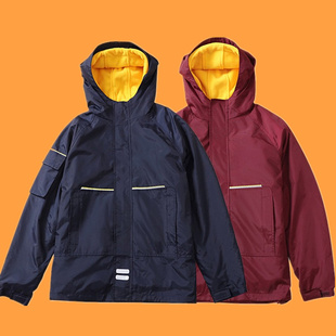 秋冬新款 连帽冲锋衣校服男女童藏青两件套棉服外套 中小学生枣红衫