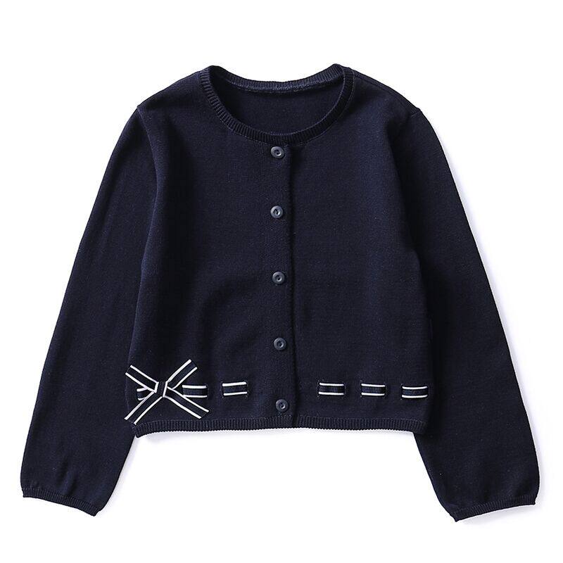 中大童酒红色学院风圆领短款针织毛衣女童学生藏青蝴蝶结开衫校服