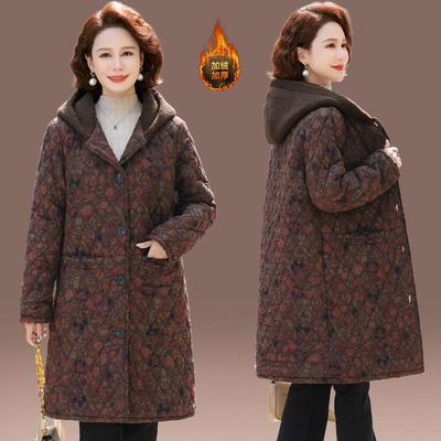 妈妈冬装连帽中长款棉衣外套