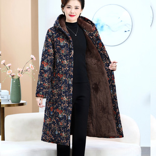 中老年人加绒加厚连帽碎花棉衣女中长款棉服外套妈妈冬装保暖棉袄