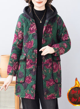 妈妈装冬季加绒连帽中长款棉服女