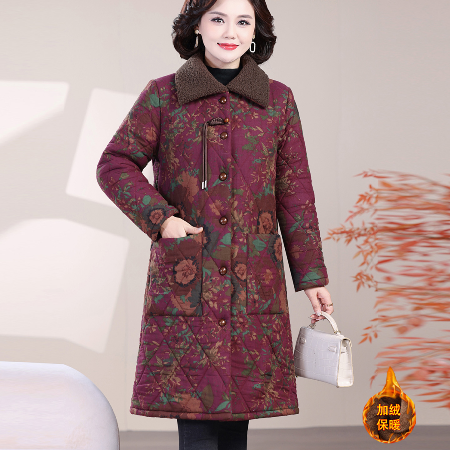 新款棉袄女加绒加厚中长款花棉衣