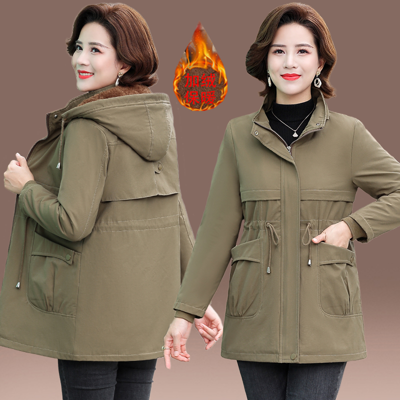中年妈妈冬装加绒加厚派克服棉衣