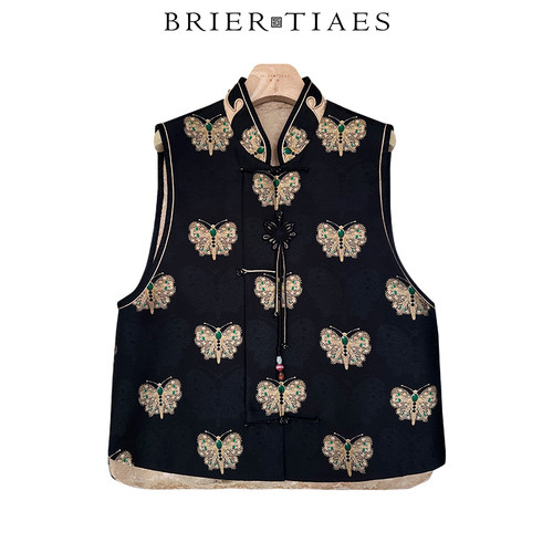 26KN0007/新中式蝶梦庄周黑金蝴蝶马甲老段绿宝石马甲女立领盘扣