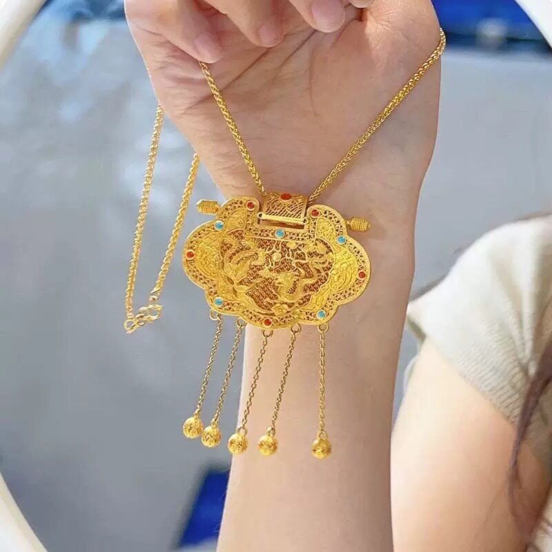 天子门生锁包吊坠龙凤呈祥项链仿真黄金色金店同款婚嫁金锁结婚