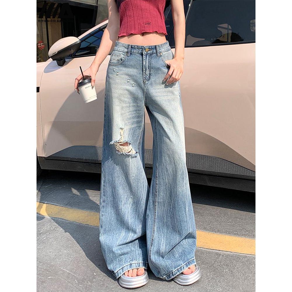 美式水洗浅色破洞牛仔裤女202牛仔裤