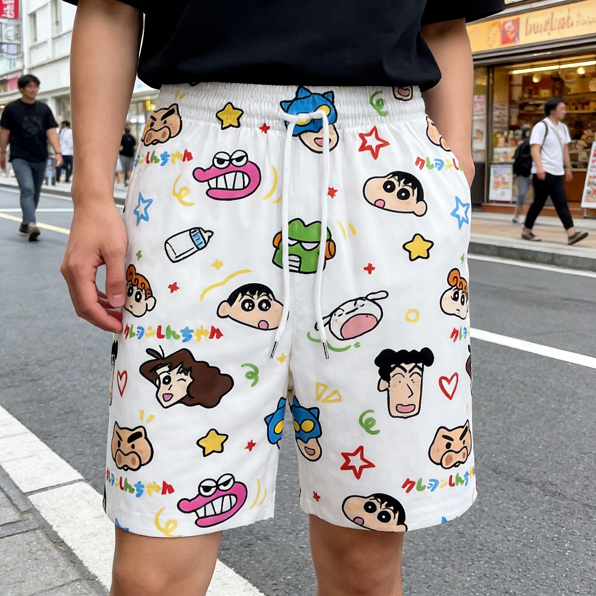 蜡笔小新卡通夏季新款宽松情侣款睡裤外穿百搭沙滩裤休闲五分短裤