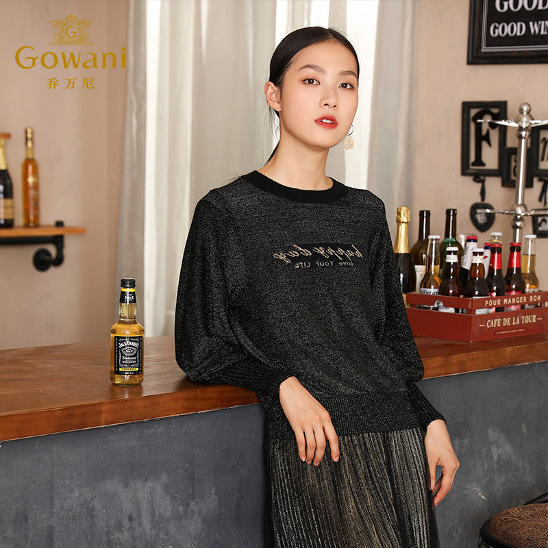 乔万尼春装新款针织衫圆领套头休闲复古时尚亮丝长袖上衣女士