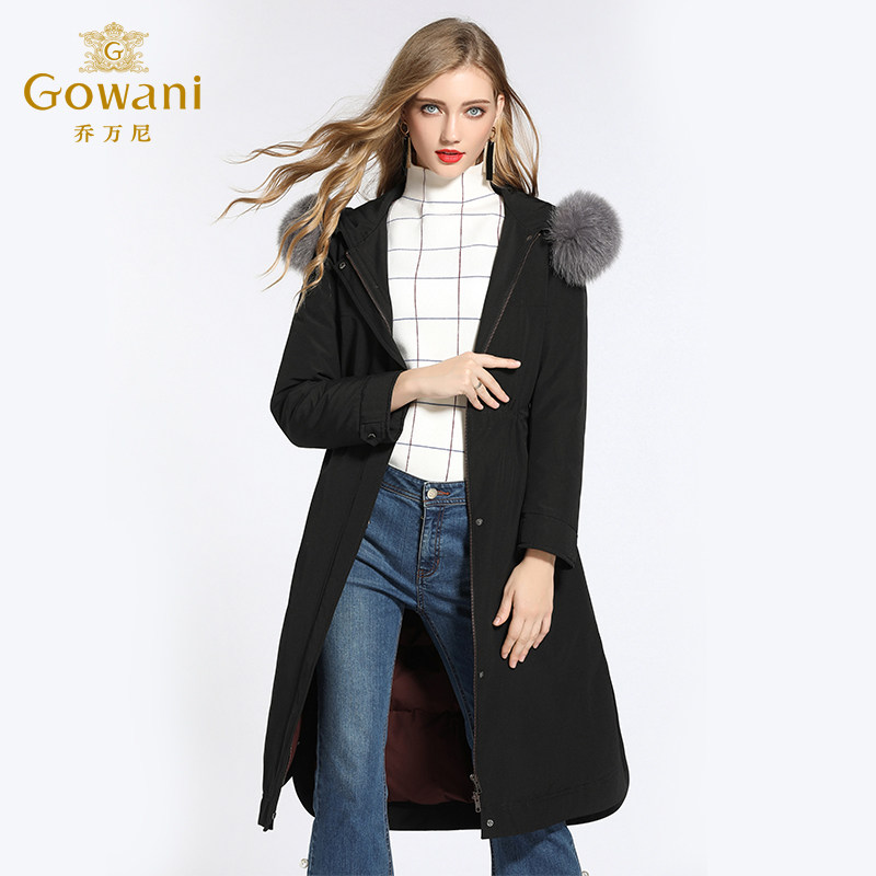 乔万尼冬季新款欧货大气收腰保暖大毛领派克羽绒服女过膝长款