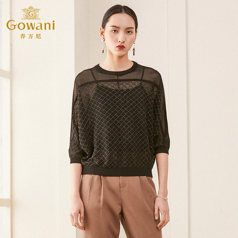 乔万尼夏季女装长袖薄款套头上衣宽松休闲黑色针织衫女