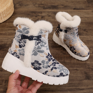 侧扣加绒加厚女圆头厚底过冬布靴外穿保暖6cm增高轻便女士花布鞋