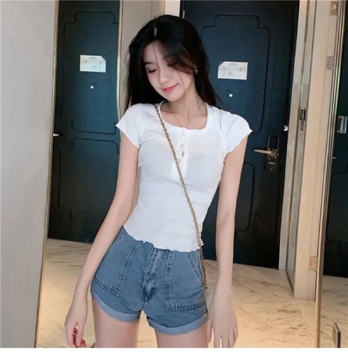 Slim Korean Hyuna style short solid color short-sleeved T-shirt summer color button female student top