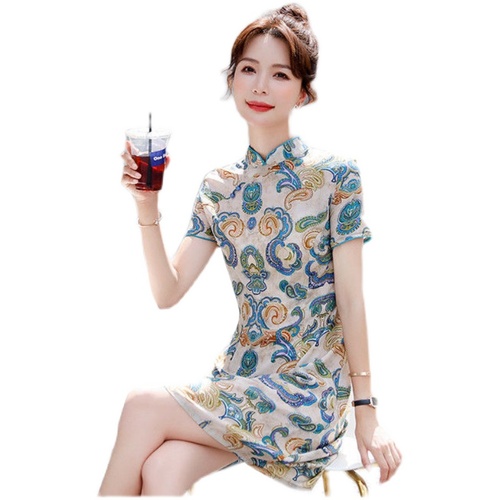 Cheongsam dress women's summer new style foreign style slim and retro printed small figure high buttock wrap skirt