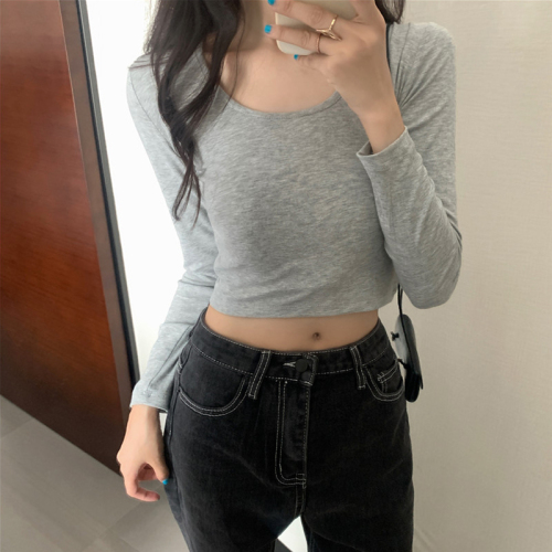 2022 autumn slim round neck short long sleeve T-shirt women's bottoming shirt