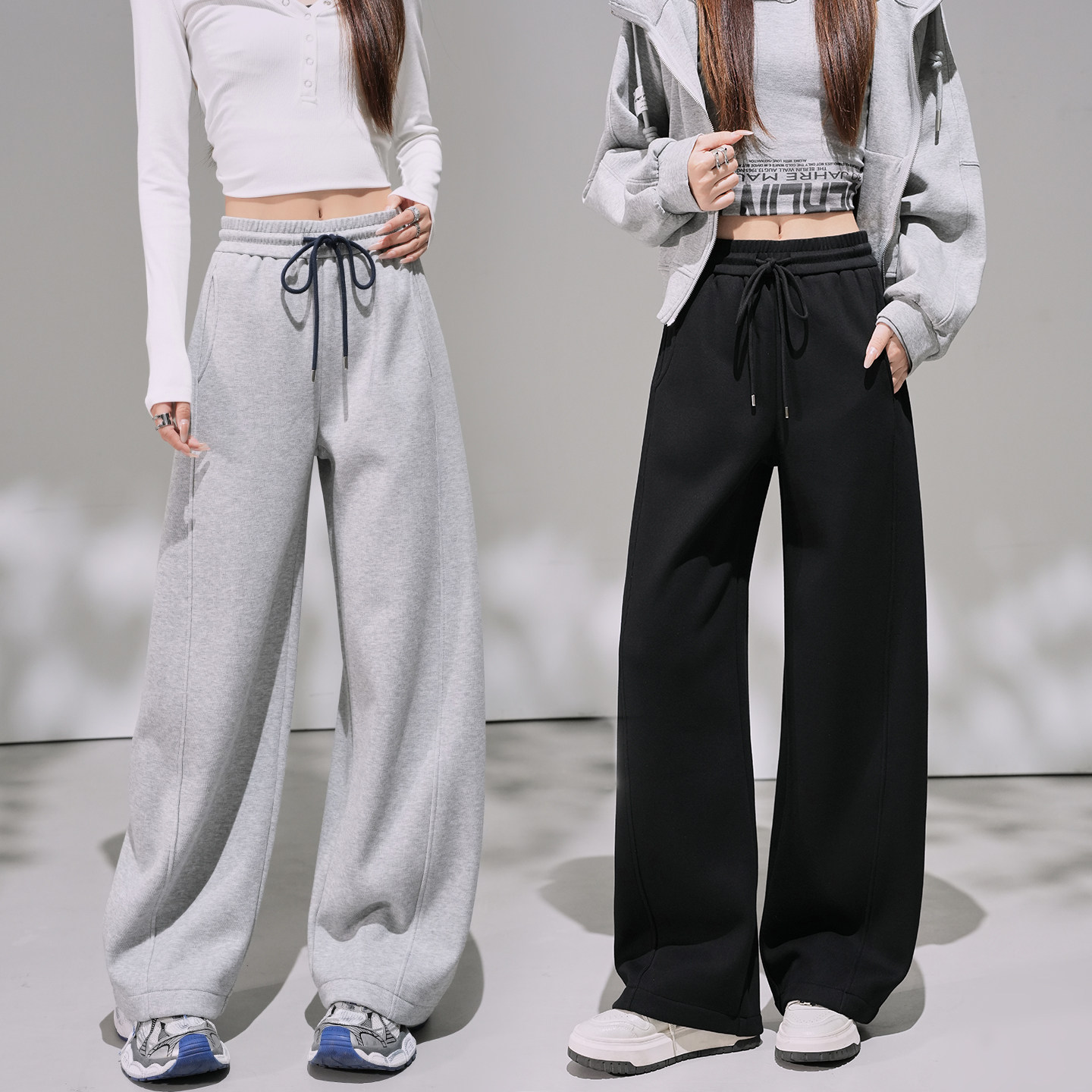 高腰抽绳加绒加厚显瘦阔腿卫裤女